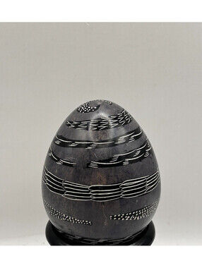 Hand Carved African Soapstone Egg from Kenya Hand Painted Artisan Gray/black 3"